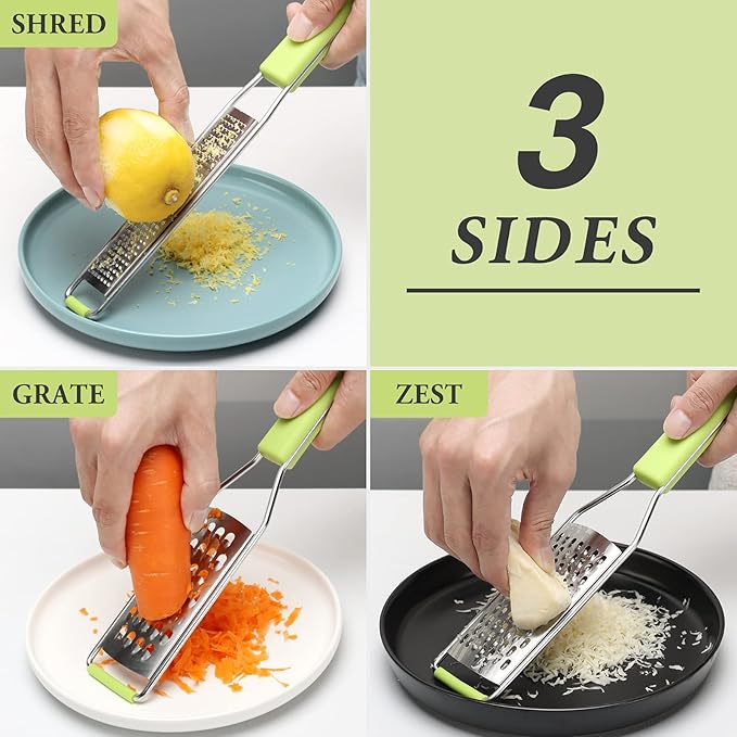 Cambom Lemon Zester Grater Three-piece Suit - Heavy Duty Kitchen Tool for Parmesan Cheese, Ginger, Garlic, Nutmeg, Chocolate, Vegetables竊똅ruits竊똕tainless Steel Grater Dishwasher Safe Green