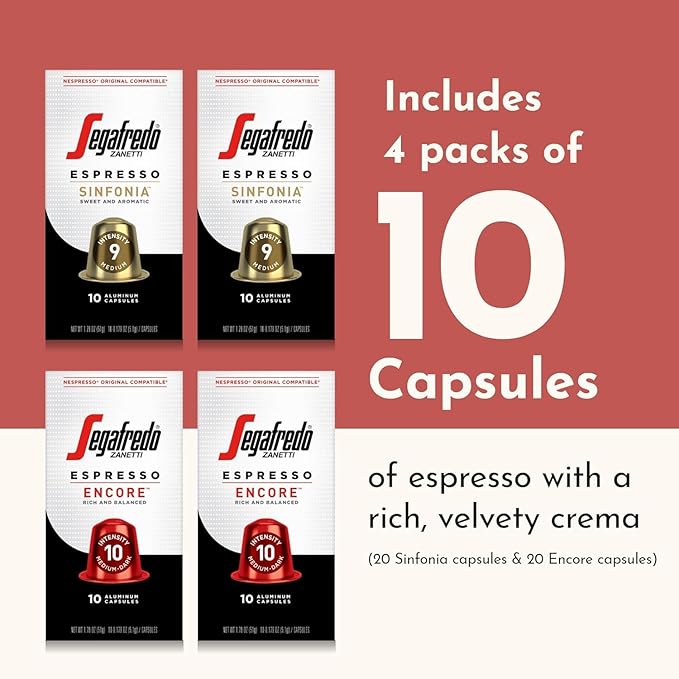 Segafredo Zanetti Espresso Capsules ??Aluminum Pods for Nespresso Original Machines ??Sinfonia & Encore Variety Premium Espresso ??Medium & Medium-Dark Roast ??Sinfonia & Encore, 10 Count (Pack of 4)