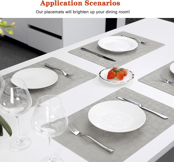 Bxzandya Vinyl Placemats Set of 12 Heat Resistant Easy Clean Non-Slip Place Mats for Dining Table Faux Leather Waterproof Stain Resistant Wipeable Washable PVC Table Mats(12, Light Gray)