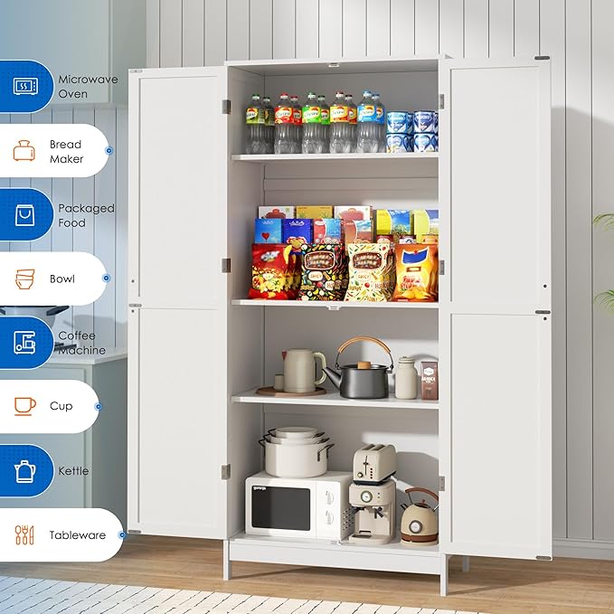INTERGREAT Pantry Cabinets, Kitchen Storage Cabinets with 2 Door and Adjustable Shelves, White Kitchen Pantry Cabinet, Freestanding Cupboard for Dining Room, Living Room, Bathroom