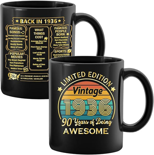 QUPT 90th Birthday Gifts for Women Men, 90th Birthday Gifts for Him, 1936 Birthday Gifts for Women Men, 90 Years Old Gifts, 1936 Birthday Gifts for Her Him, 90th Birthday Presents Coffee Mug