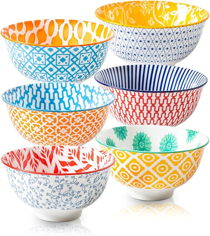 Cerkik Ceramic Dessert Bowls Set - Small 12 Oz Cereal Bowls - 4.75 Inch Ice Cream Bowls for Fruit, Snack, Side Dishes, Dipping Sauce - Microwave Dishwasher Safe - Set of 6 - Assorted Colors