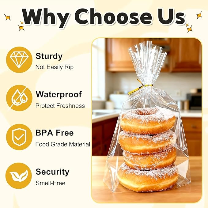 PigPotParty Cellophane Bags 8"x11", 50 Pack Clear Gift Bags, Bottom Gusset for Stand-Up Display, Plastic Cellophane Gift Wrap, Ideal for Goodies, Treats, Party Favors, Mugs, Includes 50 Ties
