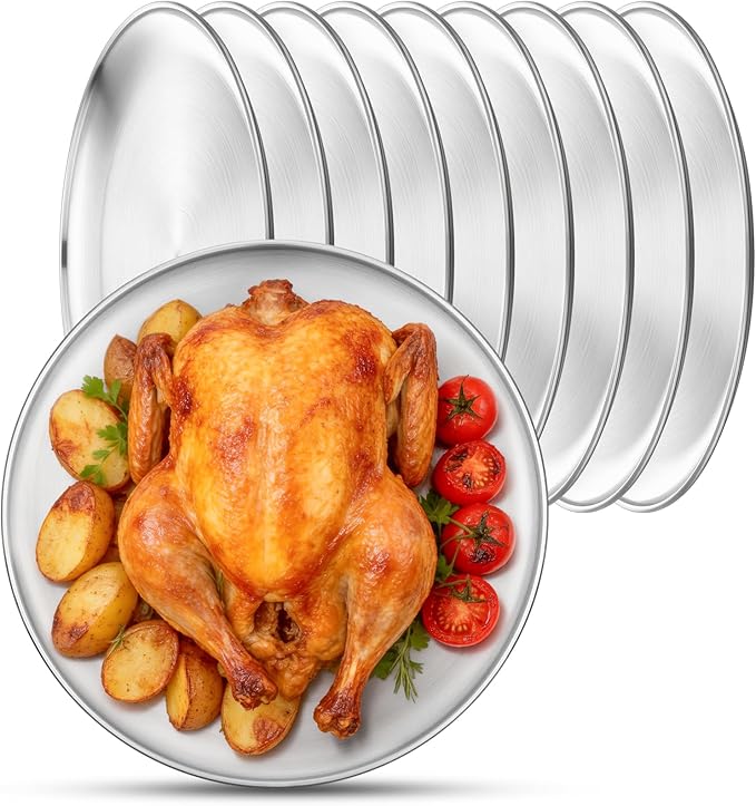 Stainless Steel Plates, 10 Pack 11.8 inch Large 201 Metal Food Serving Plate Set, Reusable Snack Eating Dishes Round Shatterproof Brushed Finish Dish Silver Dinner Lunch Oven Dishwasher Safe