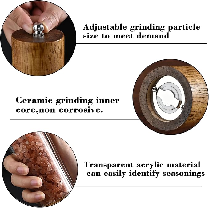 2Pcs Advanced Acrylic Salt and Pepper Grinder, Wooden Pepper Grinder, Durable Ceramic Grinder with Adjustable Thickness for Grinding