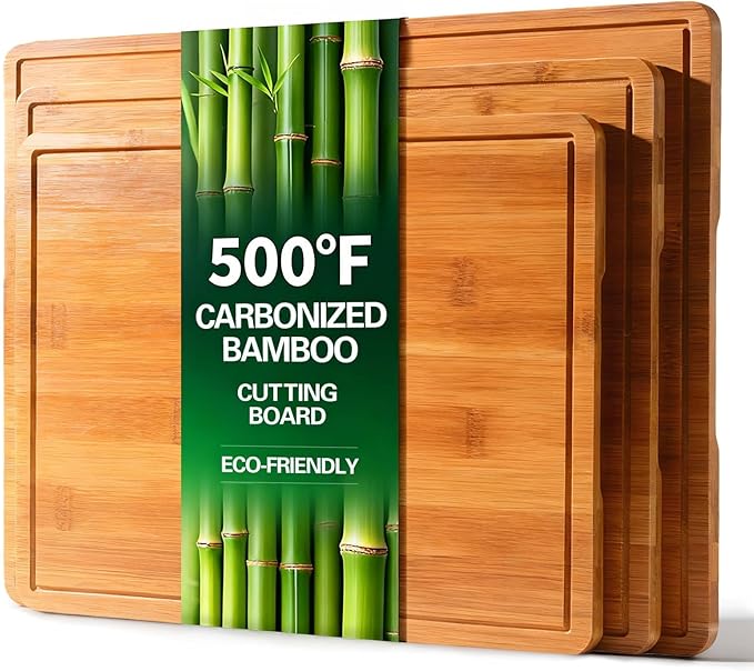Zarler Bamboo Cutting Boards for Kitchen, Durable Wood Cutting Board with Juice Grooves and Handles, Wooden Chopping Borad Set for Meal Prep, 500??Carbonized Bamboo, XL Size, Ideal Kitchen Gift