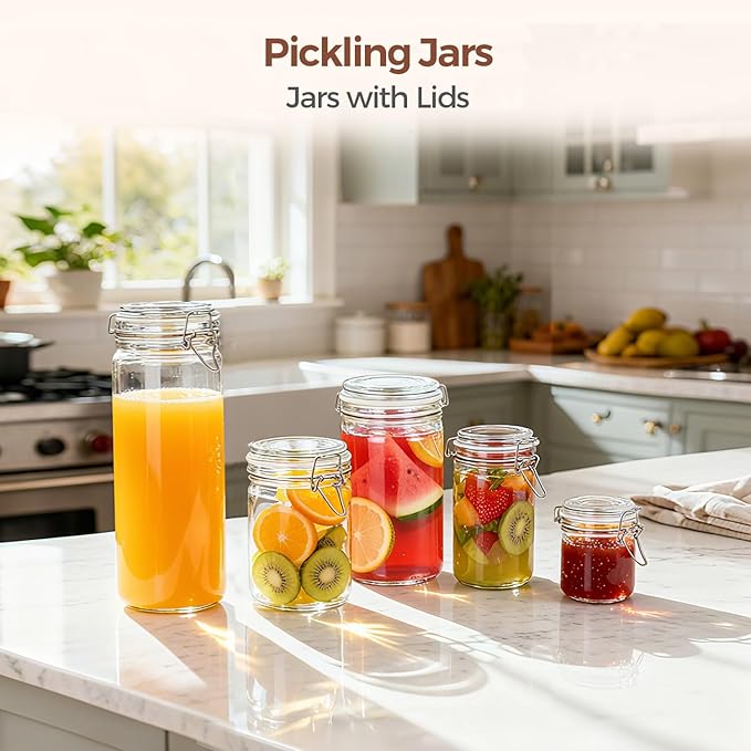 ComSaf Glass Jars with Airtight Lid Set of 6竊똌ason Jars 17 oz with Lids, Pint Jar, Canning Jar, Airtight Canister with Seal Wire Clip Fastening for Vanilla, Pickle, Cookie, Honey