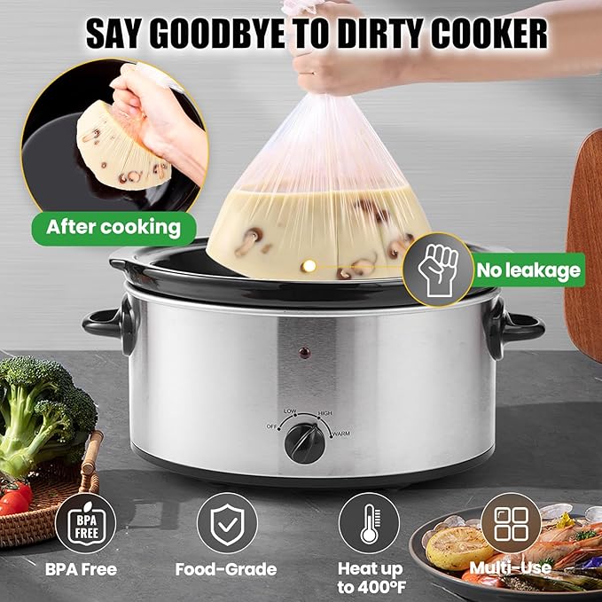30 Count Slow Cooker Liners, 13"x21", Fits 3-8 Quarts, Disposable Pot Liners Compatible with Crockpot, Oval Large Size, BPA-Free Cooking Bags, Kitchen Accessories, Cook with Ease