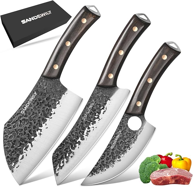 Hand Forged Butcher Knife Set, 7" Meat Cleaver + 8" Chef Knife + 6" Viking Knife, Full Tang High Carbon Steel, Wooden Handle, Whetstone, Durable for Meat Cutting, BBQ and Outdoor Cooking