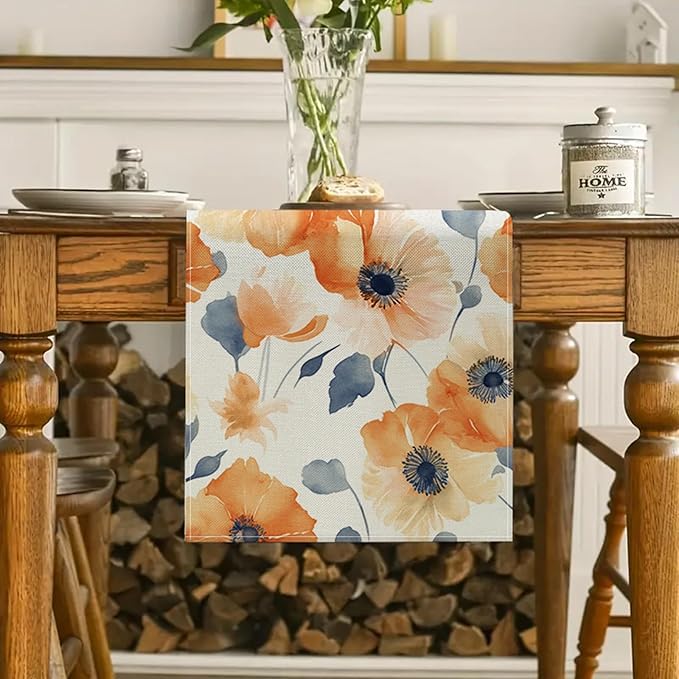 ZCHOMI Orange Floral Fall Table Runner 13x72 Inch Poppy Flower Seasonal Autumn Kitchen Dinning Table Decoration for Indoor Outdoor Home Party Decor