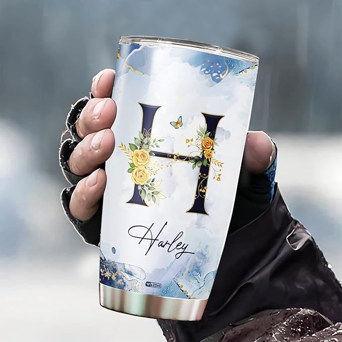 WAZONE Personalized Monogram Tumbler With Lid Custom Initial Name 20oz 30oz Double Wall Vacuum Insulated Cup Stainless Steel Travel Mug Gifts For Her Women Men Mothers Day Birthday Christmas