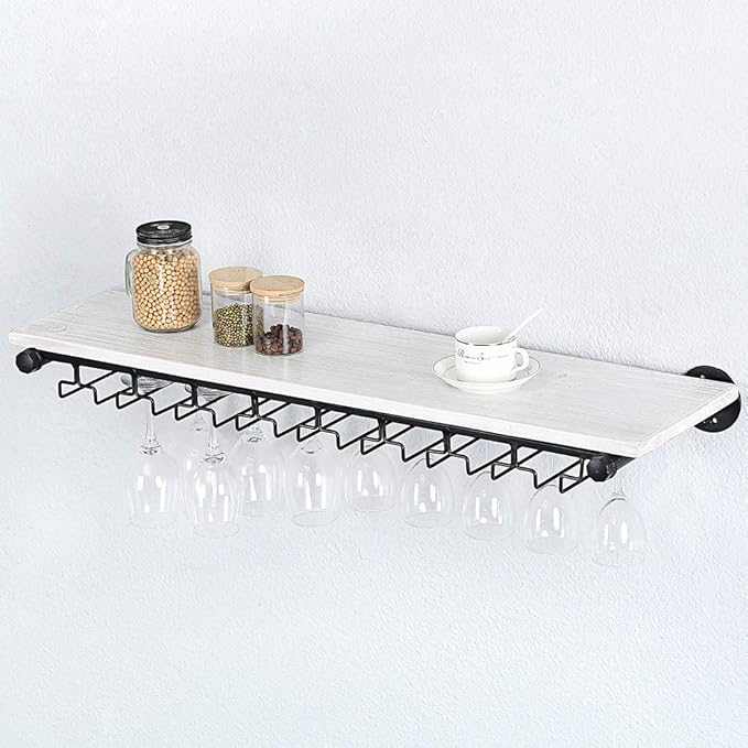 Industrial Wine Rack Wall Mounted with 5 Glass Holder,Wine Glass Rack Floating Wine Glass Shelf,36in Pipe Shelving Hanging Wood Shelves