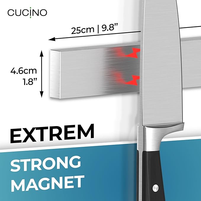 CUCINO Magnetic Knife Holder for Wall 10" No Drilling incl. Self Adhesive Tape - Extra strong Knife Holder - Awarded Knife Magnetic Strip - Made of Stainless Steel