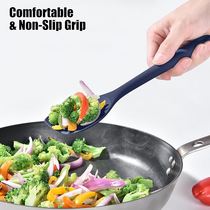 Doosu Silicone Spoon Spatula, 600쨘F Heat-Resistant Food Grade Rubber Spoonula with Seamless Design, Non-Stick Flexible Scraper Kitchen Cooking Spoon Baking Tool for Mixing, Scraping (Navy Blue)