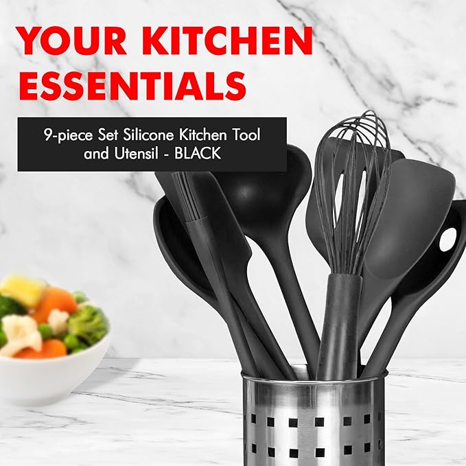 Chef Craft - Premium Silicone Kitchen Tools and Utensils Set, Non-Scratch, Withstands Temperatures up to 450째F, BPA-Free, 9 Piece Cooking Utensils Set, Black