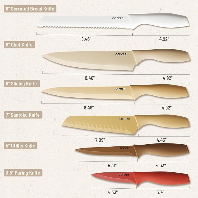 CAROTE 12 Pieces Kitchen Knife Set, Stainless Steel Knife Set With Nonstick Ceramic Coating, Dishwasher Safe with 6 Blade Guards, Rustproof, Brown
