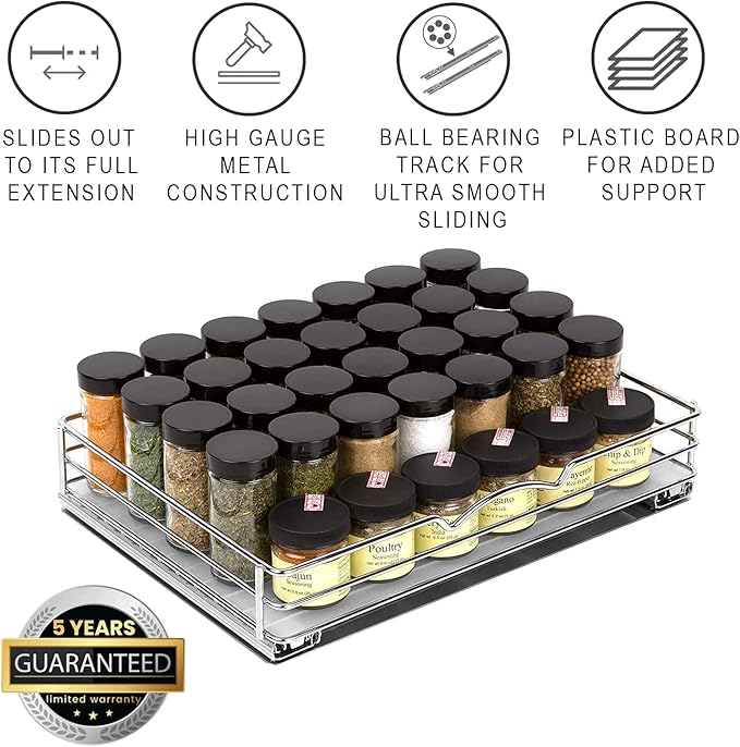 Pull Out Cabinet Organizer for Spices, Cans - Heavy Duty with Lifetime Limited Warranty- Pull Out Spice Rack- Cabinet Pull Out Shelf for Cans,Dishes, Etc, 14-3/8"Wx 10-1/2"D x 2-3/4??H, Chrome