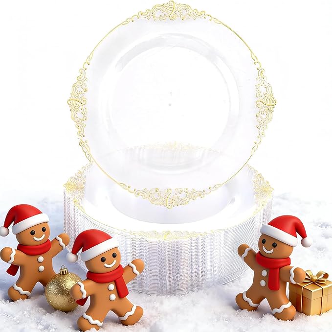 Morejoy 100 Pieces Gold Plastic Plates - Clear Gold Disposable Plates - 10.25inch Clear Plastic Dinner Plates With Gold Rim for Weddings & Parties & Shower