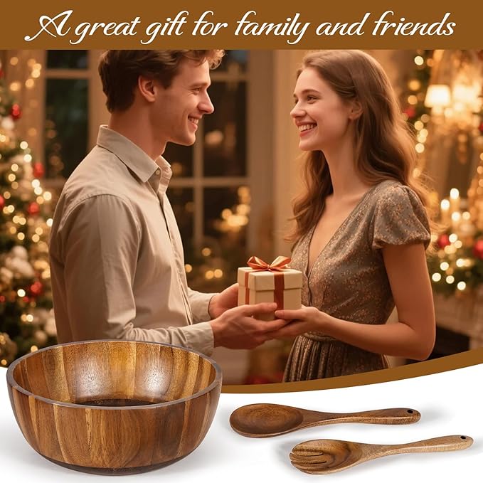 Wooden Salad Bowl Set 11.8 Inch ??Acacia Large Wood Salad Bowl with Wooden Serving Utensils, Big Salad Bowls for Fruits, Food Serving & Hosting Family Gatherings