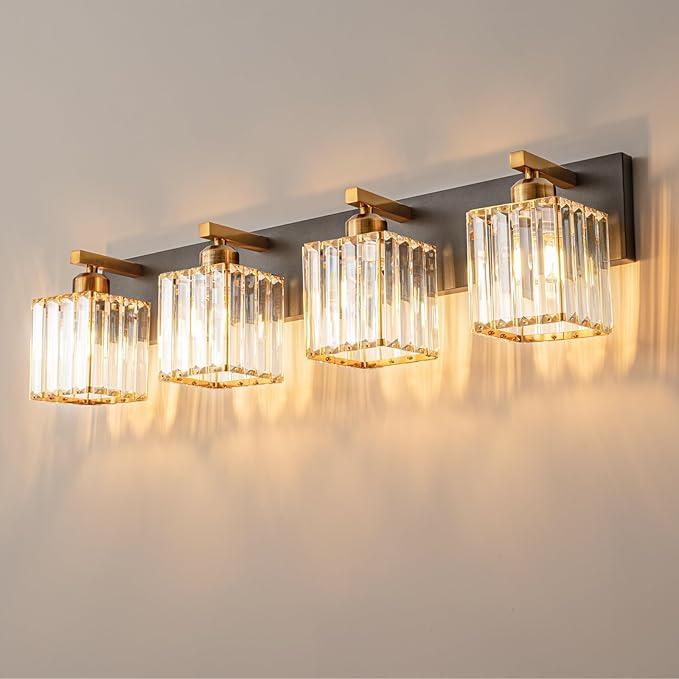 Modern Bathroom Vanity Light 4-Lights Black Gold Crystal Bathroom Wall Light Vanity Light Fixturesï¼?8.34-inch Modern Minimalist Design