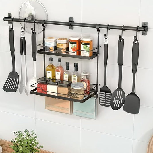 NADAMOO Kitchen Utensil Hanger and Spice Rack with Towel Rack Holder竊똚all Mount Space Saving Metal Storage Organizer for Pantry, Countertop, Bathroom