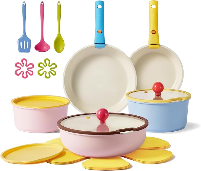 CAROTE 20pcs Ceramic Cookware Set Detachable Handle, Pots and Pans Set Nonstick, Induction Cookware with Removable Handle, RV Dishwasher 竊?Oven Safe, PFOA Free