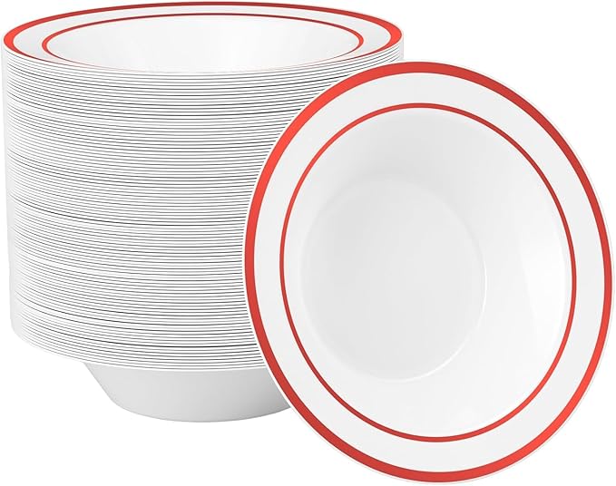 Goodluck 100 Pack Plastic Bowls with Red Rim, 12oz Disposable Soup Bowls, Heavy Duty Dessert Bowls for Weddings, Parties, Christmas Dinners, Catering, Thanksgiving and Everyday Use