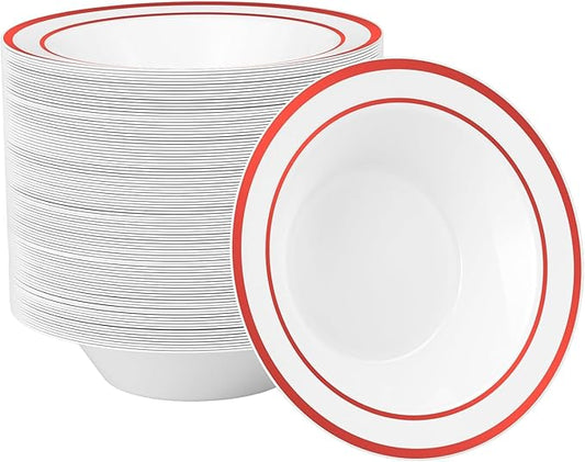 Goodluck 100 Pack Plastic Bowls with Red Rim, 12oz Disposable Soup Bowls, Heavy Duty Dessert Bowls for Weddings, Parties, Christmas Dinners, Catering, Thanksgiving and Everyday Use