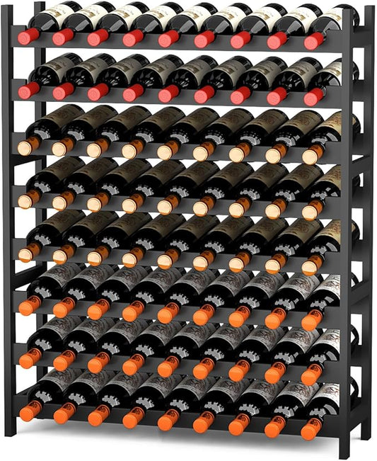 Wine Rack Freestanding Floor, Bamboo 8-Tier 69 Wine Bottle Holder Racks Countertop Cabinet Display, Wooden Stackable Modular Wine Storage Organizer Shelves for Kitchen Bar Cellar Dining Room Black