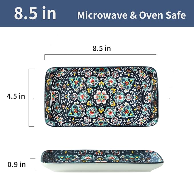 glowworm Porcelain Appetizer Plates Set of 6, 8.5 Inch Rectangular Salad Plates for Sushi, Dessert, Christmas Serving Platters, Serving Tray for Party, Microwave & Oven Safe, Bohemian