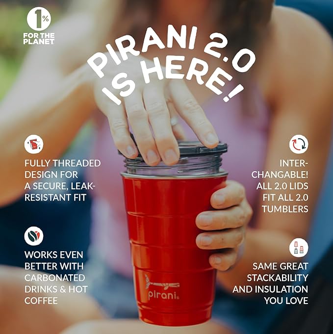 Pirani 16oz Insulated Stackable Tumbler - Skinny-Wall Triple Vacuum Insulation Cup with Version 2.0 Air-Tight, Screw-On Lid Lid - Space Saving Design - Party Red