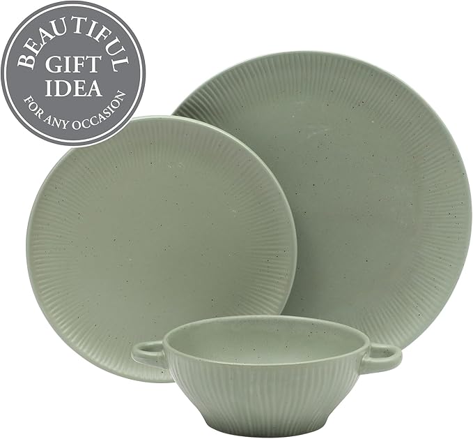 Gibson Elite Clover Hill 12-Piece Stoneware Dinnerware Set ??Assorted Colors in Sage Green, Charcoal, Taupe & Cream ??Embossed Reactive Glaze Plates & Bowls, Microwave & Dishwasher Safe, Service for 4
