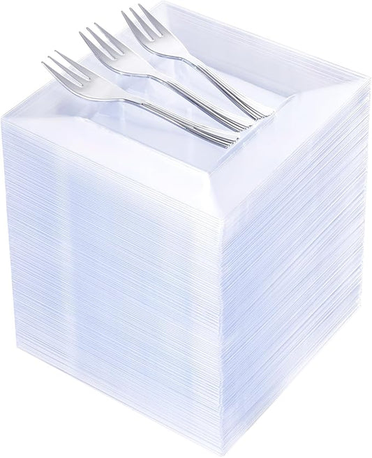 supernal 200pcs Clear Dessert Plates with Silver Dessert Fork, Clear Square Plates, Appetizer Plates,Silver Plastic Silverware, Perfect Choice for Wedding and Party