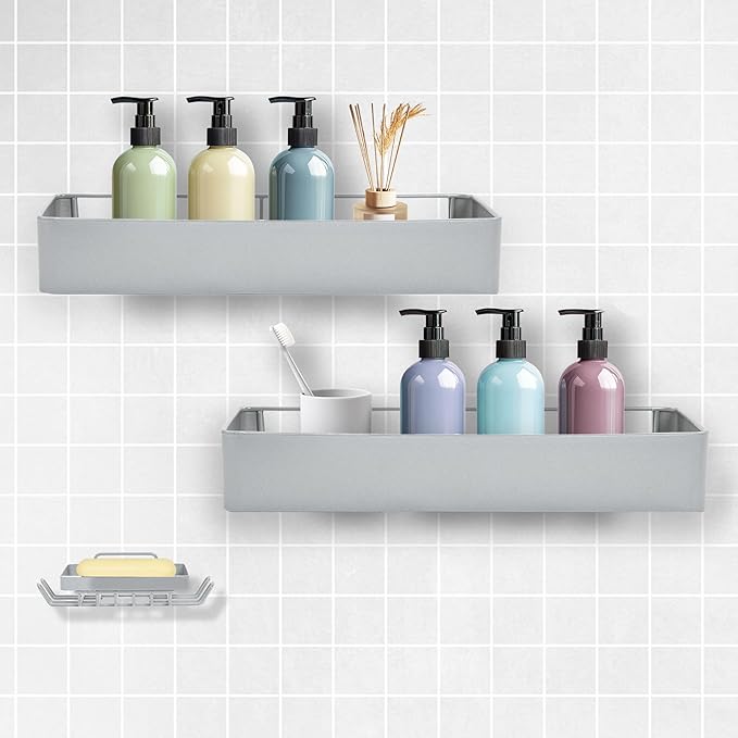 Premium Shower Caddy, 3 Pack Silver, Rustproof Shower Organizer and Storage, No Drill Wall Mount Shower Shelves, 25 Pound Weight Capacity, Quick Drainage Design