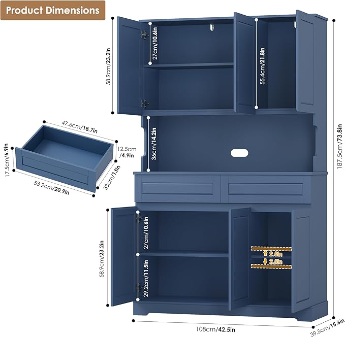 FACBOTALL 74" Pantry Cabinet, Tall Kitchen Pantry Cabinet with 6 Doors and 2 Drawers, Kitchen Hutch with Wide Countertop, Modern Kitchens Cupboard with Adjustable Shelves and Charge Holes, Blue