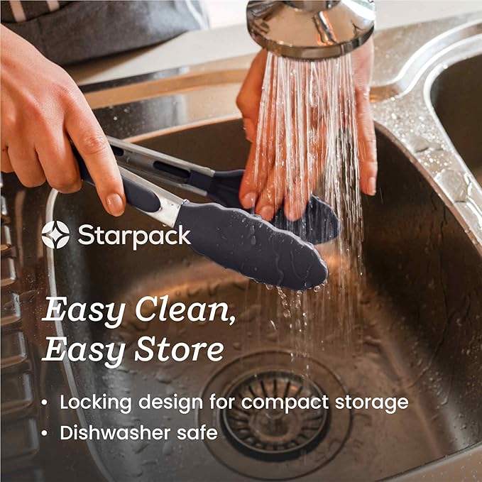 StarPack Premium Silicone Kitchen Tongs Set of 2 (9-Inch & 12-Inch) - Stainless Steel with Non-Stick Silicone Tips, High Heat Resistant to 480째F, For Cooking, Serving, Grill, BBQ & Salad (Stormy Grey)