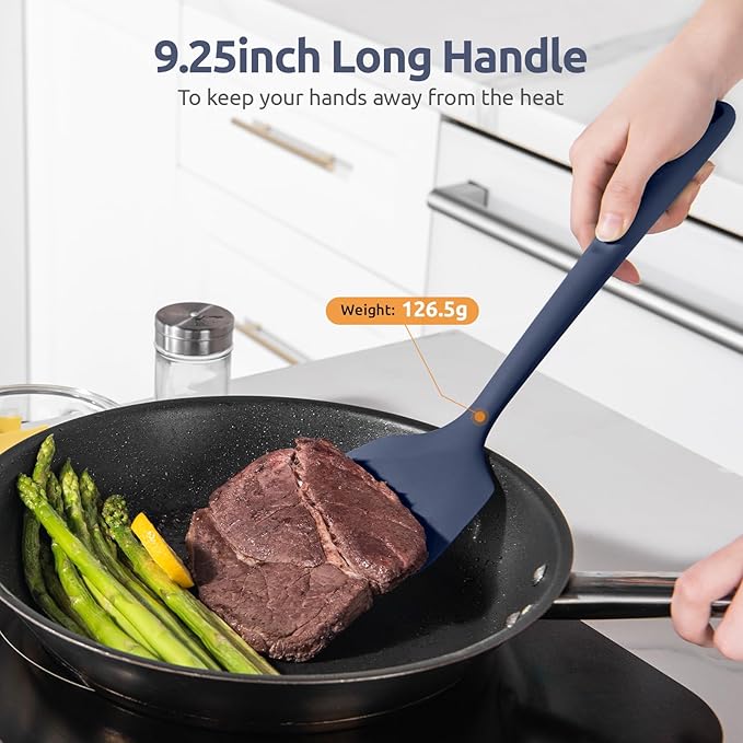 600쨘F Heat Resistant Silicone Turners: U-Taste 13.6in Long Solid & Slotted Kitchen Spatula Flipper, Food Grade Wide & Large Flexible Cooking Utensils for Flipping Eggs, Pancakes (Midnight Blue, 2PCS)