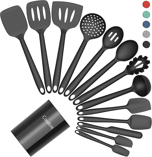 Coukre Silicone Kitchen Cooking Utensils Set with Holder ??Heat-Resistant, Food-Grade Kitchen Tools, Spatula, Spoon & Gadgets for Non-Stick Pans, Dishwasher Safe (14, PureBlack)
