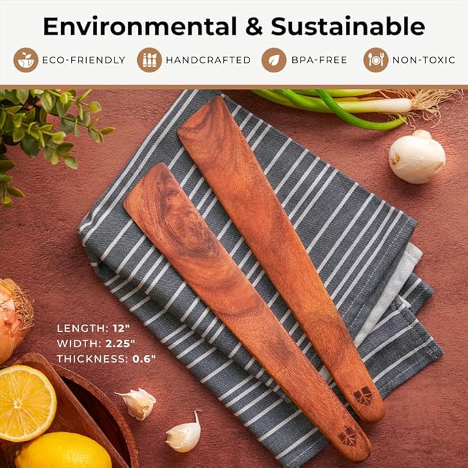 Wooden Spatula for Cooking Set of 2 ??12 Inch Teak Spatula Turner & Flipper for Cast Iron, Flat Egg & Pancake Scraper ??Utensils by Woodenhouse - White Elephant Gift ideas, Kitchen Gifts for Women Men