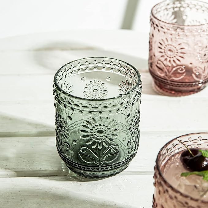 Luminthra Elegant Vintage Crystal Glassware Set, Embossed Floral Drinkware, 12oz Green and Multi-Color Glass Cups for Wine, Cocktails, and Beverages (Gray)