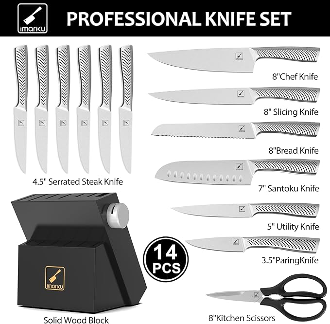 Knife Set, imarku 14Pcs Kitchen Knives Set, Premium Japanese Knife Set with Block, Razor-Sharp High Carbon Stainless Steel Knives Set for Kitchen, Dishwasher Safe, Built-in Sharpener, Black