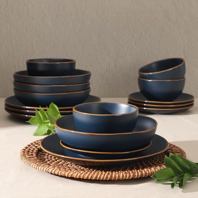 Gibson Home Hazeltine 16-Piece Navy Blue Stoneware Dinnerware Set ??Plates and Bowls, Durable Ceramic Kitchen Dinner Set