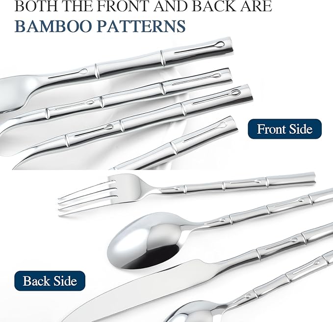 Silverware Stainless Steel Flatware Set Silver Bamboo Pattern Cutlery Set, 5-Piece Service for 1
