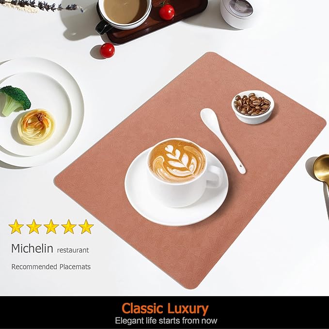 Uolr Vinyl Placemats Set of 8 Faux Leather 100% Waterproof Wipeable Washable Place Mats Heat Resistant Easy Clean Non-Slip Table Mats for Indoor Outdoor.(8, Coral)