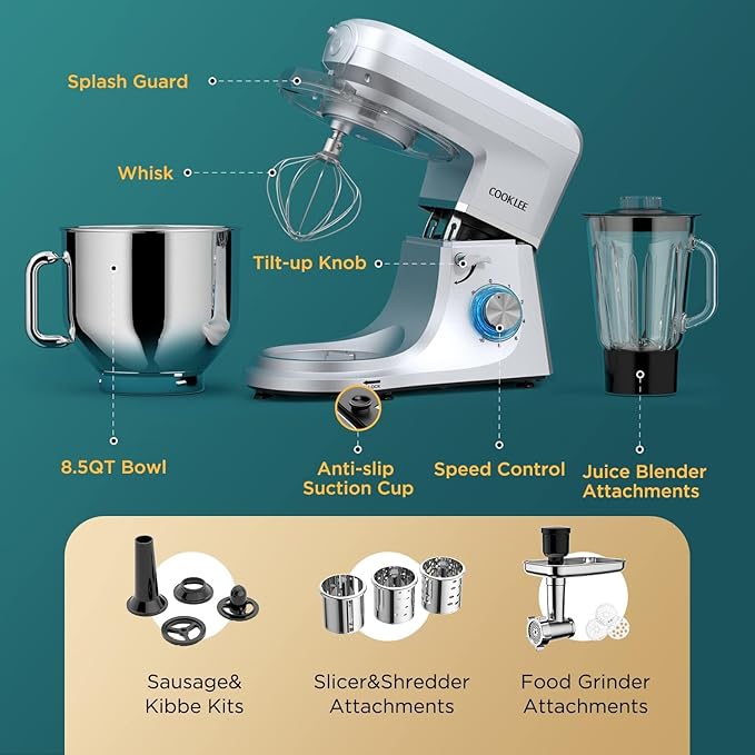 COOKLEE 6-IN-1 Stand Mixer, 8.5 Qt. Multifunctional Electric Kitchen Mixer with 9 Accessories for Most Home Cooks (silver)