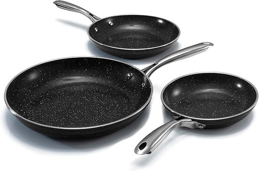 Granitestone Ceraluxe 3pc Non Stick Frying Pans Set, 8,10,12 inch Ceramic Frying Pan Skillet Set, Non Toxic Frying pans Nonstick for Cooking, Induction Ready, PFOA Free, Oven & Dishwasher Safe - Black