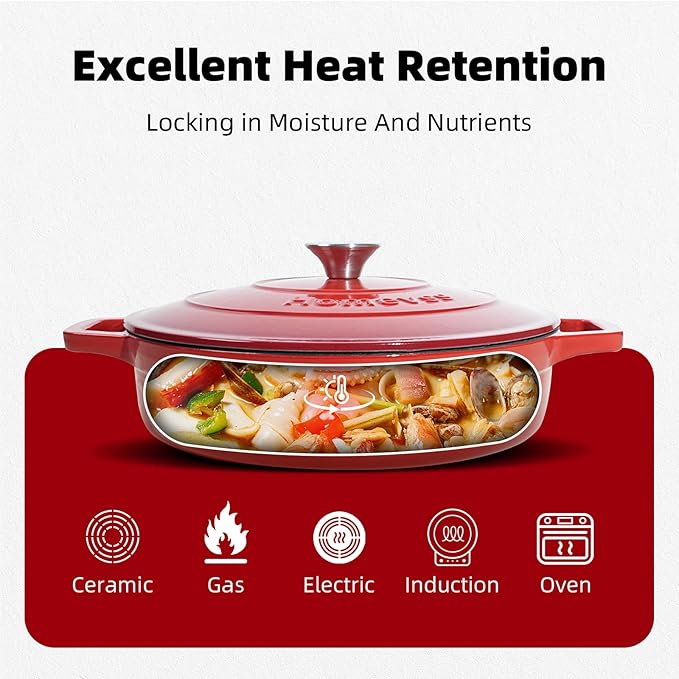 Enameled Cast Iron Dutch Oven - 4 Quart Dutch Oven Pot with Lid - Shallow Cookware Braising Pan - Oven Safe up to 500째 F for Baking, Roasting, and Braising-Red