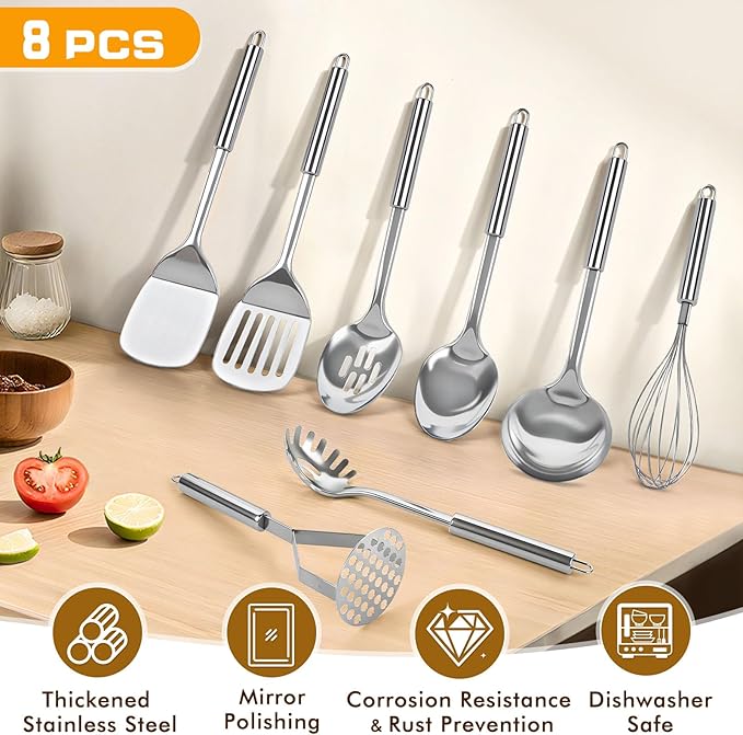 10 Pcs Cooking Utensils Set, Stainless Steel Kitchen Utensils, Heat Resistant Metal Kitchen Tools Include Solid & Slotted Spatula, Spoon, Ladle, Pasta Server,Potato Maseher,Egg Whisk,Meat Fork, Silver