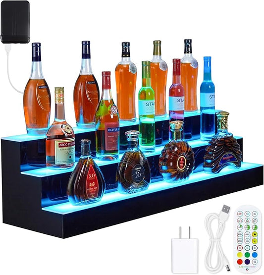 60 Inch Rectangular 3-Tier LED Lighted Liquor Shelf ??Acrylic Wine Rack with Remote/App Control, 16 Colors & 1-8H Timer, USB Powered for Home Bar & Commercial Use