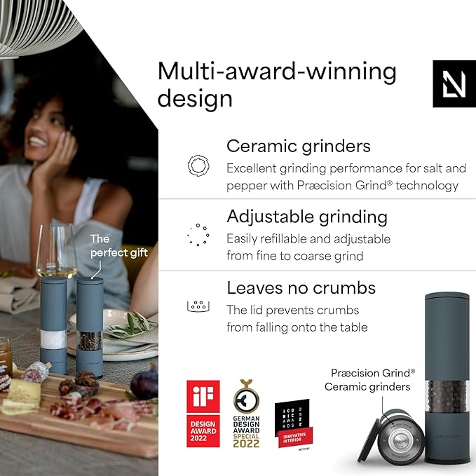 LARS NYS횠M Salt and Pepper Grinder Set Manual, Stainless Steel Salt and Pepper Mills with Adjustable Ceramic Grinder I Design Spice Shakers (Stone Blue)